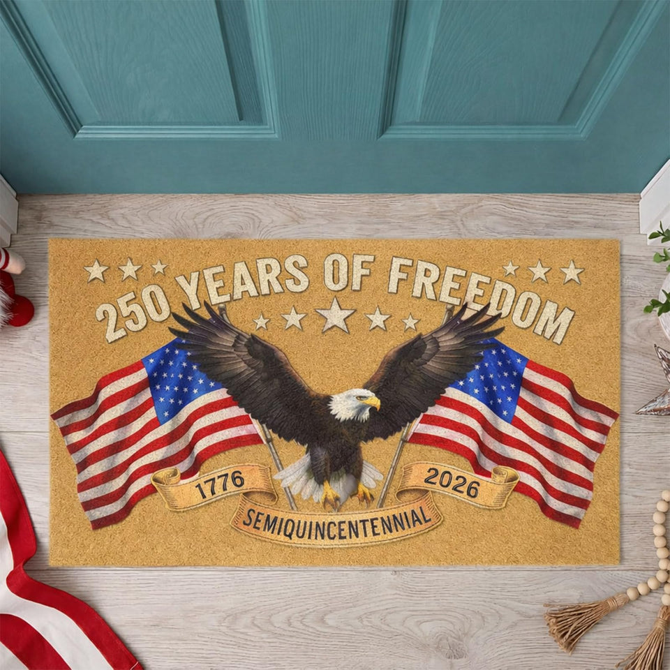 PaxNotunnxa America 250th Anniversary doormat with bald eagle and stars for festive entryway.