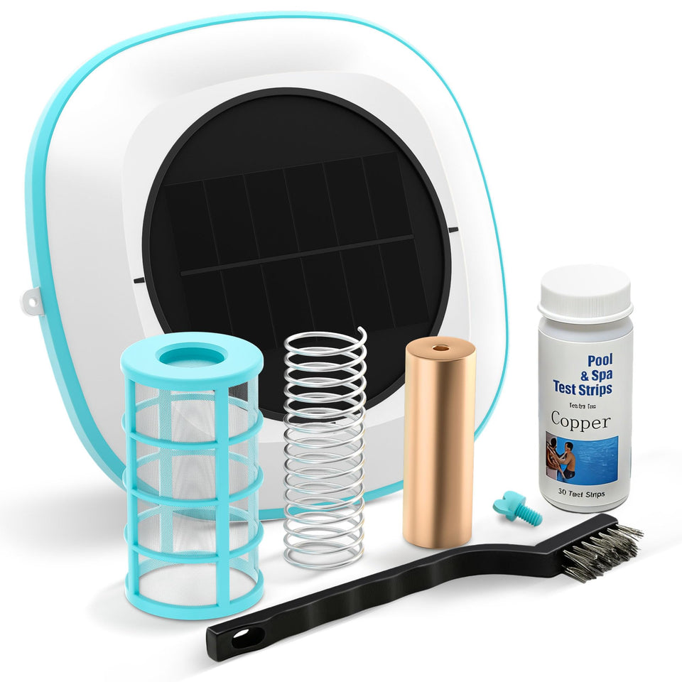 Paxwrenx solar pool ionizer unit floating, helping maintain clearer water with fewer additives.