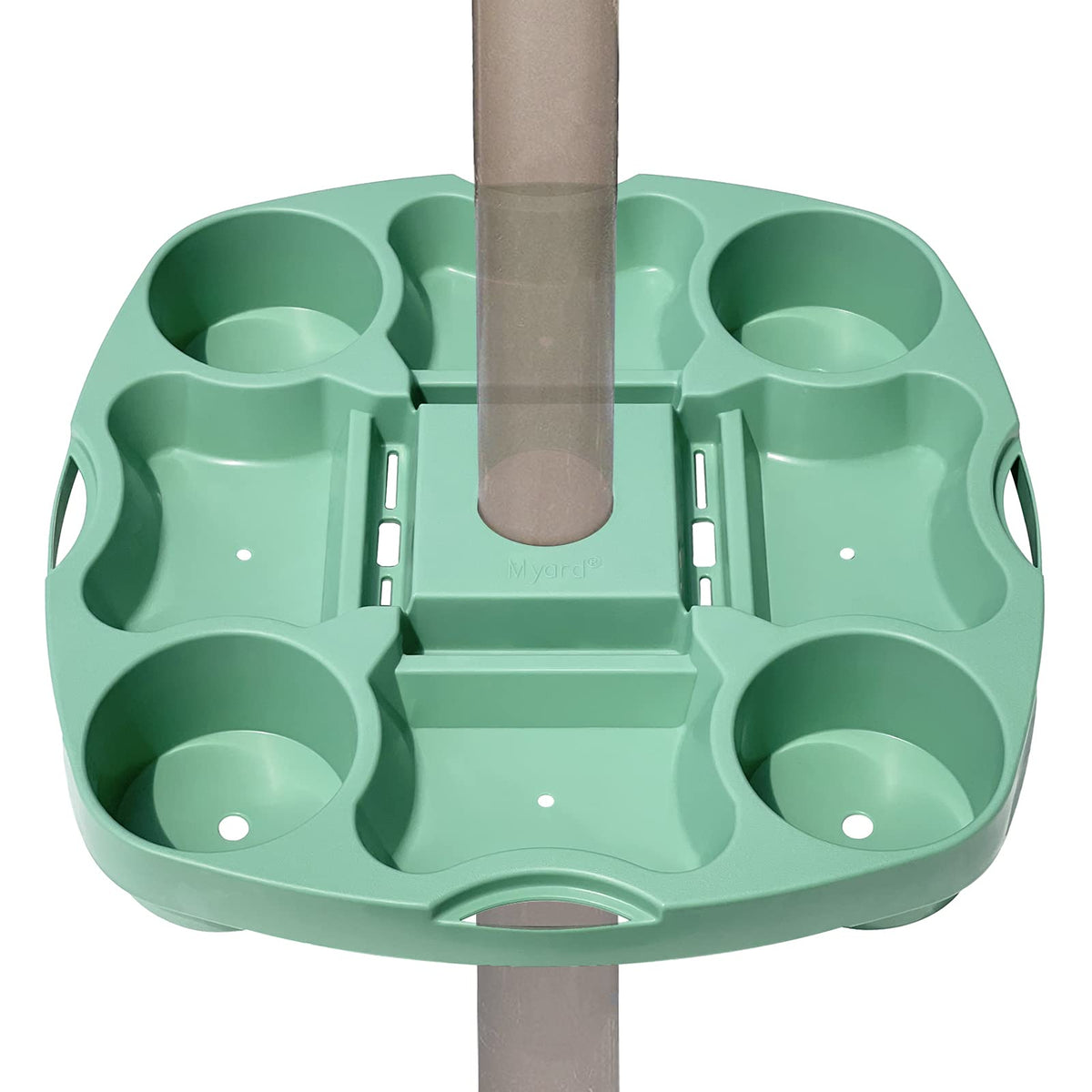 PayandPack Myard 15-inch umbrella table tray green on beach helping to keep drinks steady