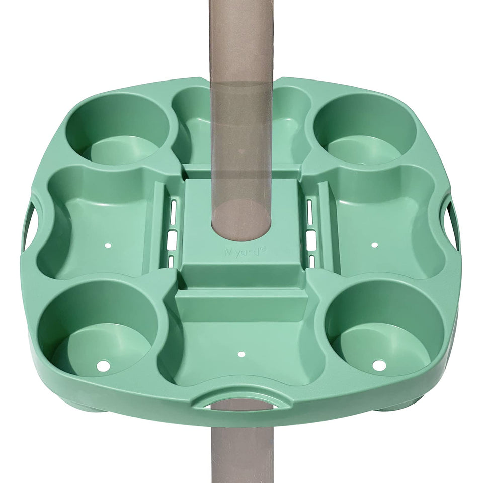 PayandPack Myard 15-inch umbrella table tray green on beach helping to keep drinks steady