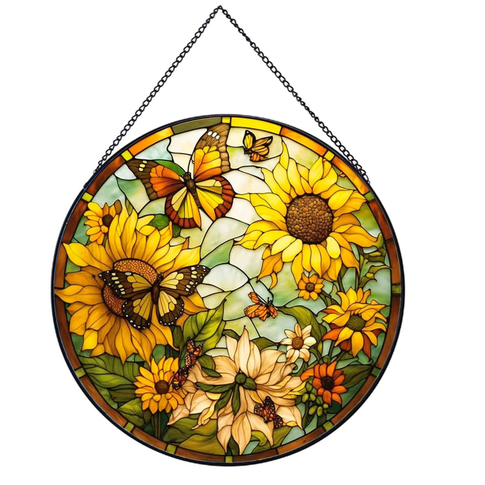 Payutou sunflower stained glass window hanging, 20 cm, bright sun-catcher for interiors.