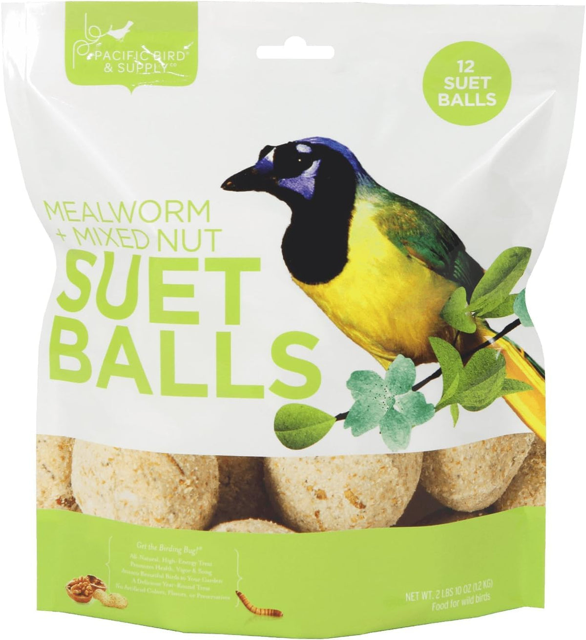 PB Pacific Bird Mealworm Suet Ball 12-pack in feeder attracts insect-eating birds.