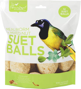 PB Pacific Bird Mealworm Suet Ball 12-pack in feeder attracts insect-eating birds.