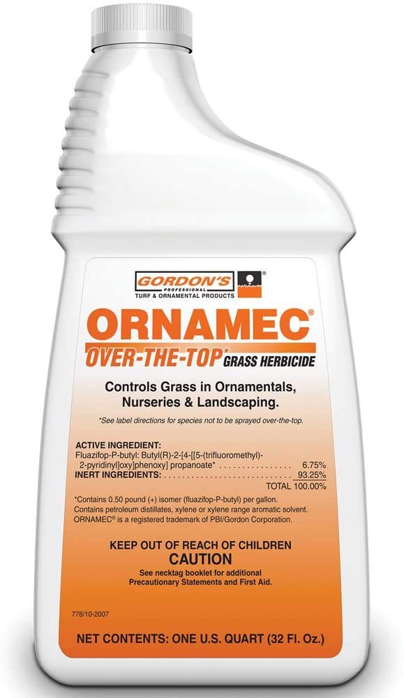 PBI Gordon Ornamec Over-The-Top grass herbicide bottle for post-emergent weed control around ornamentals.