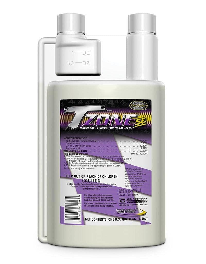 PBI Gordon TZONE SE Broadleaf herbicide bottle for tough weeds in residential grounds.