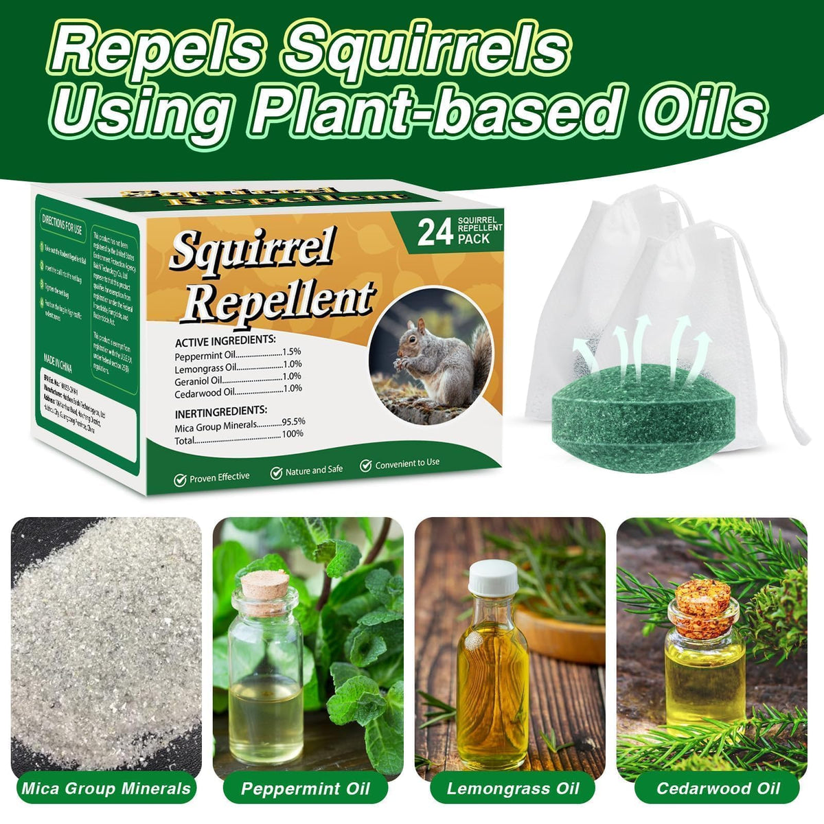 Pblovylu Squirrel Repellent Ball closeup shows plant-based ingredients for pet-safe use.