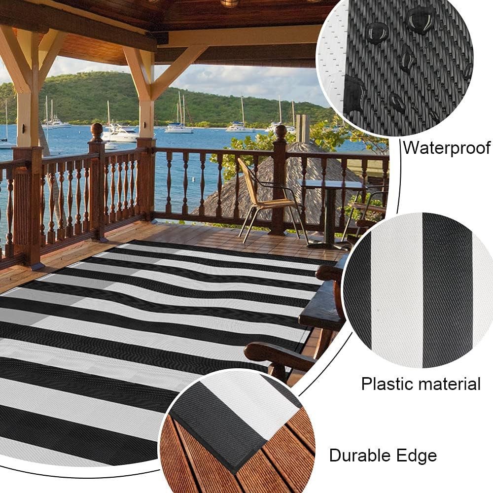 Pcinfuns patio rug suited for decks, gardens, RVs, garages, and kids' rooms.
