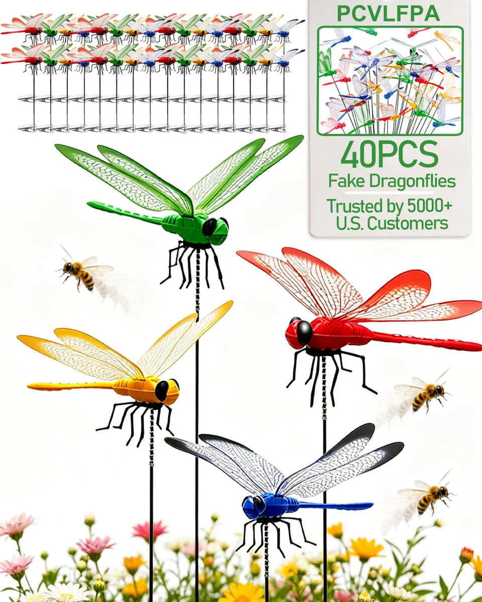 PCVLFPA dragonfly clip in garden demonstrates bug deterrence through lifelike design