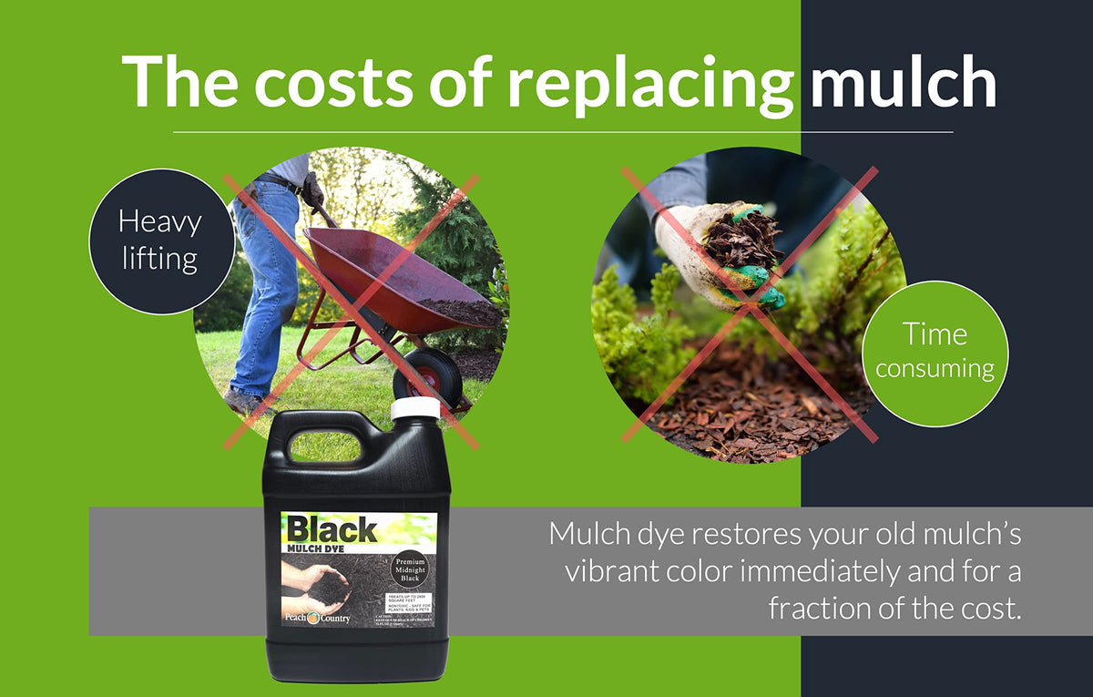 Wood mulch treated with Peach Country Mulch Dye Midnight Black for depth