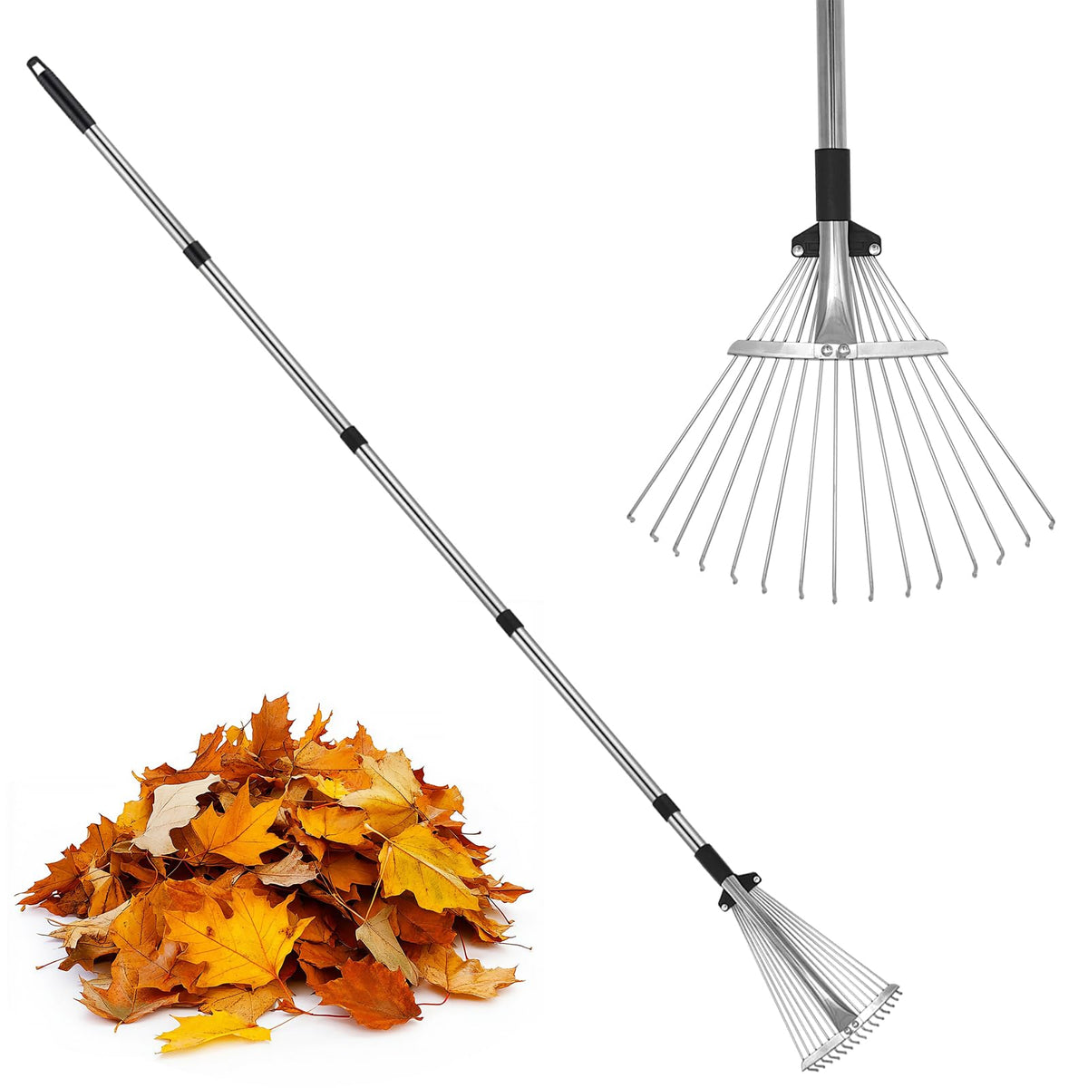 PEAKCLOUDS adjustable leaf rake with telescopic handle for long reach and versatile cleanup