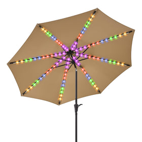 Peakvonder 9ft patio umbrella with solar lights provides ambient shade and warm evening glow.