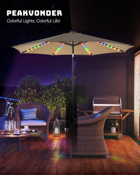 Peakvonder umbrella offers vibrant LED color modes for outdoor parties and relaxed evenings.