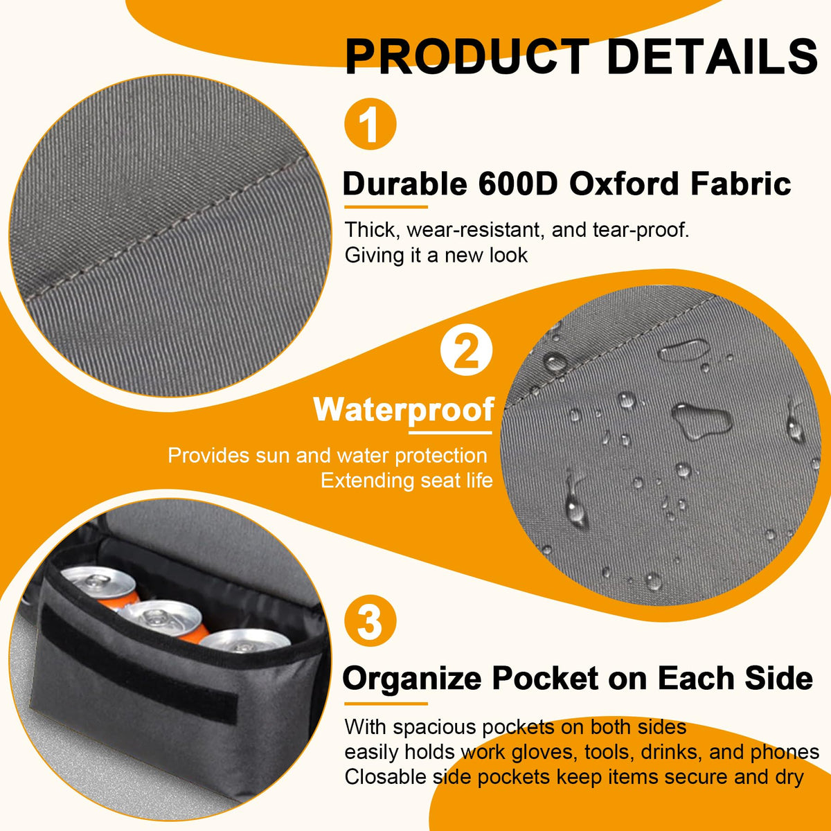 PEATOVIE 600D Oxford material image emphasizes durability and weather resistance.