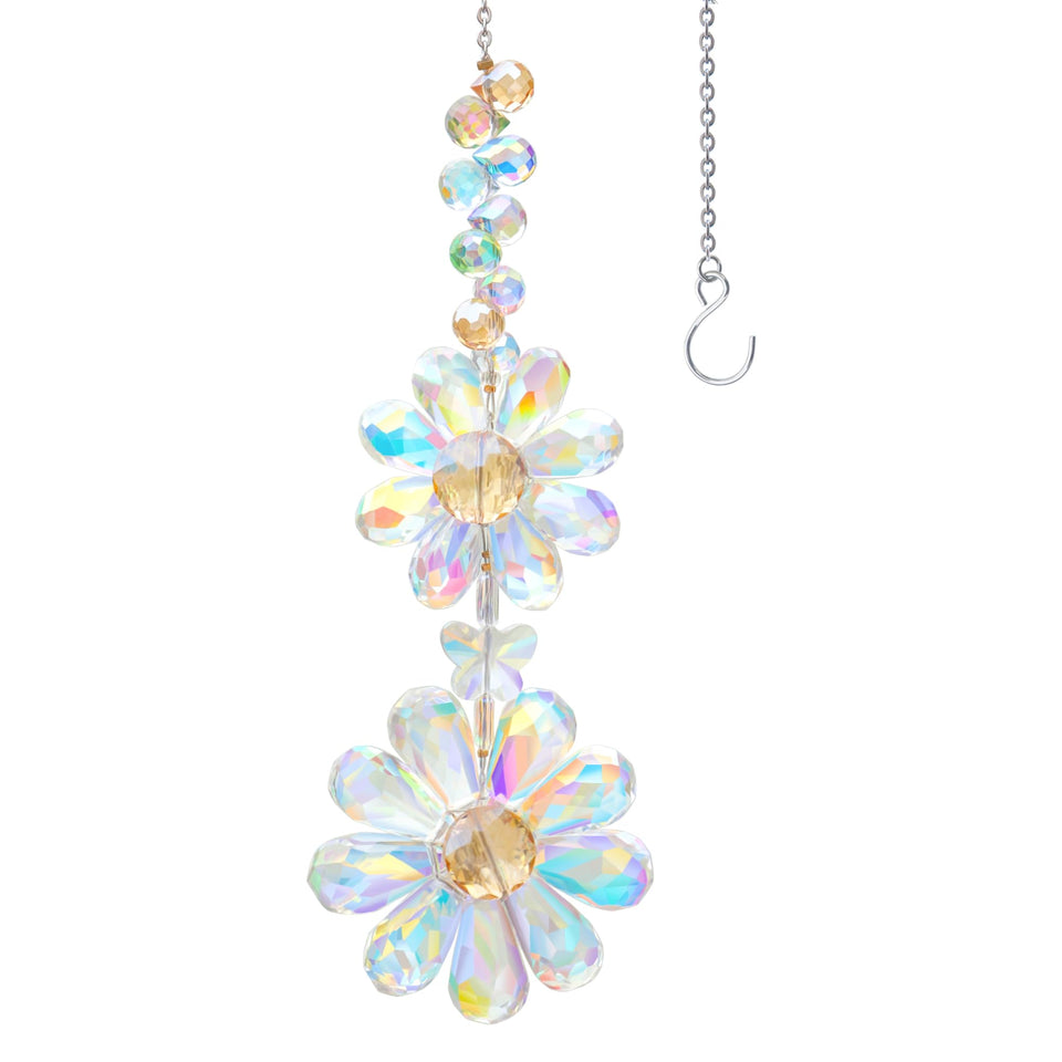 PEDOBO crystal flower suncatcher daisy front view catching sunlight and creating rainbow shimmer
