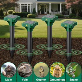 Peepst mole deterrent stake side view showcasing sleek design and setup