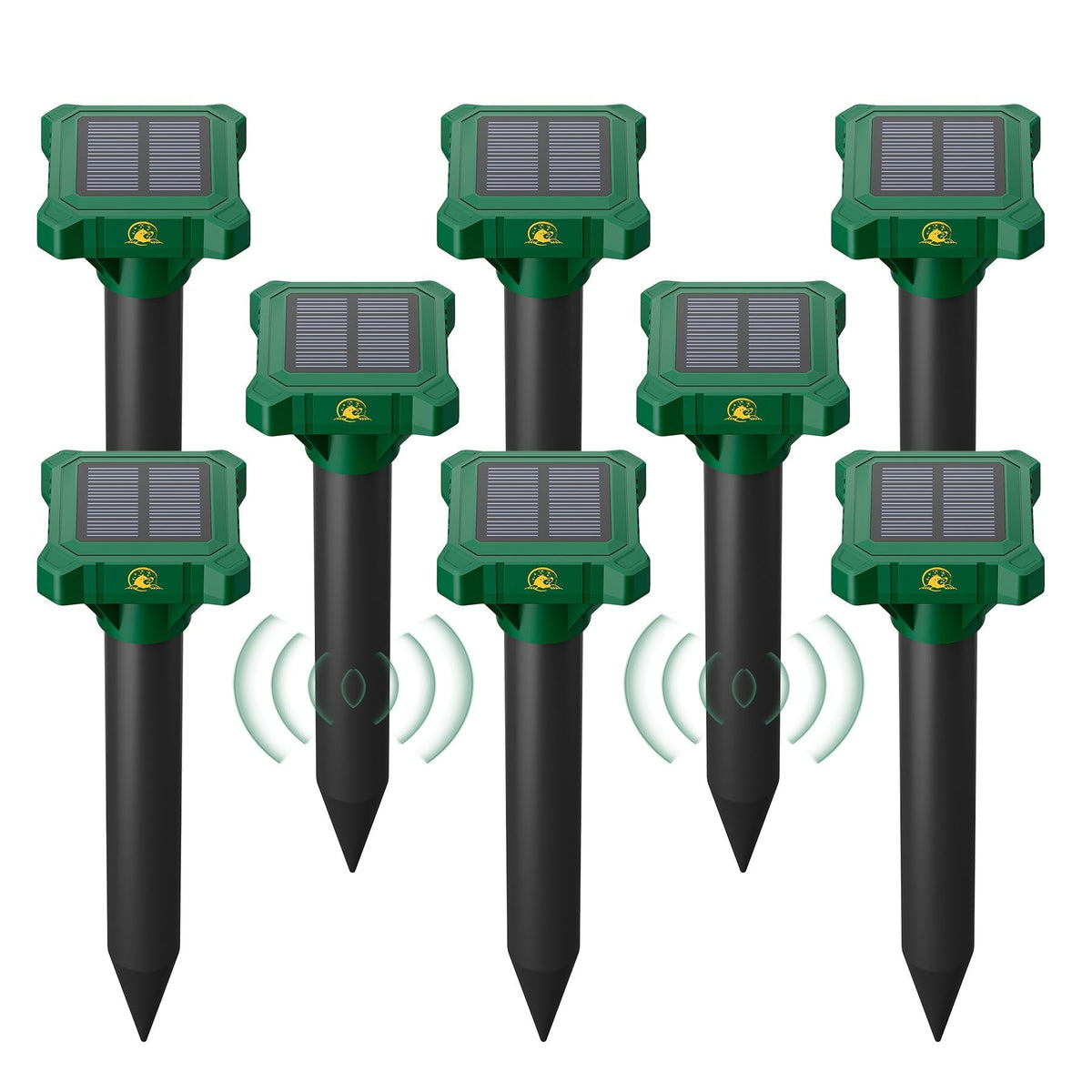 Peepst solar mole repellent stake front view with panel deters burrowing in yard.