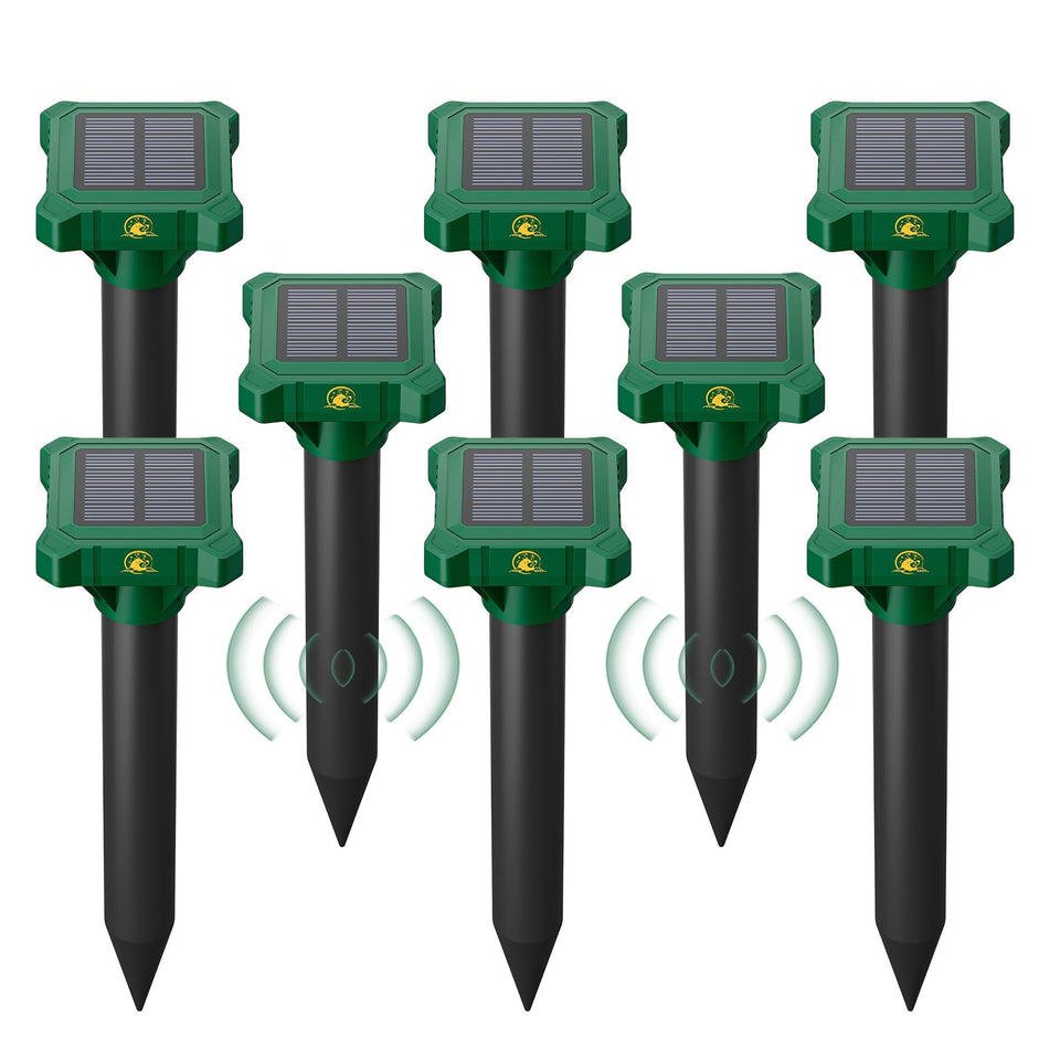 Peepst solar mole repellent stake front view with panel deters burrowing in yard.