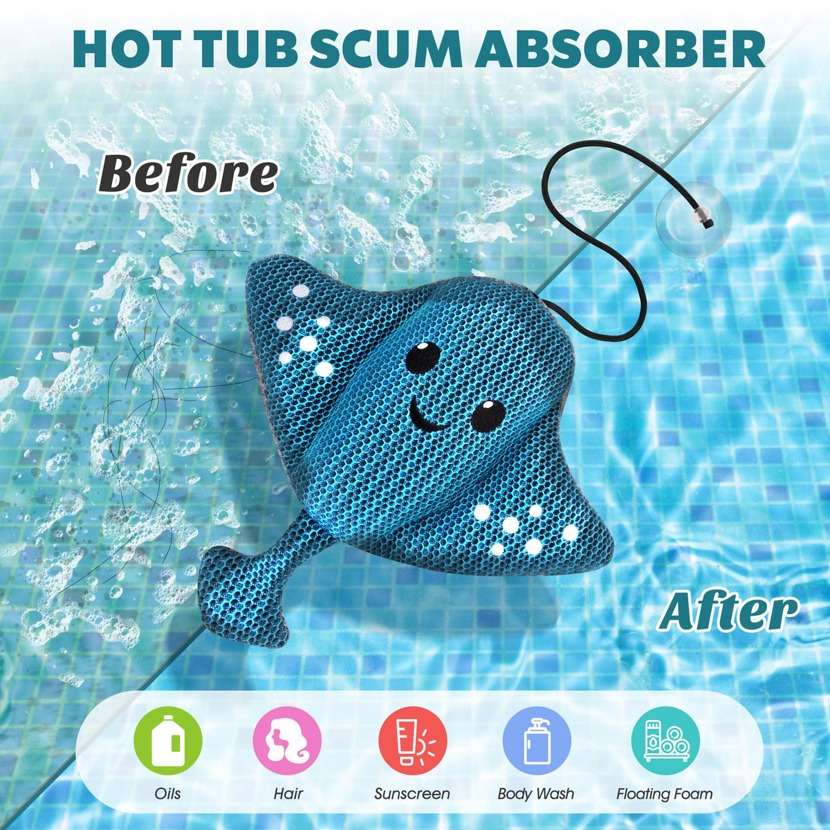 Peloni Ray devilfish floating sponge removes oils and foam for sparkling spa water.