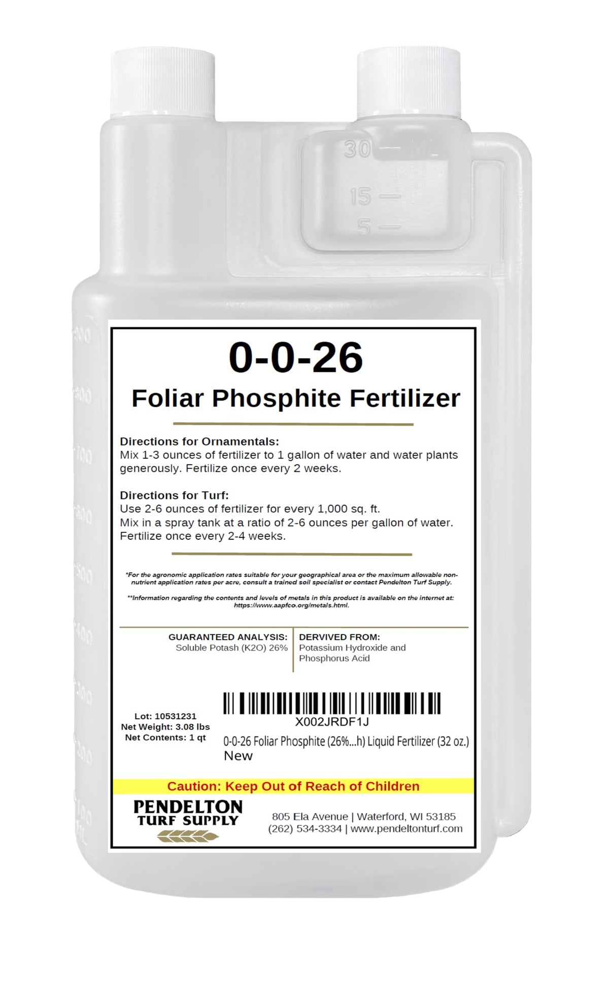 Pendelton Turf 0-0-26 foliar bottle pour for accurate dosage and easy application