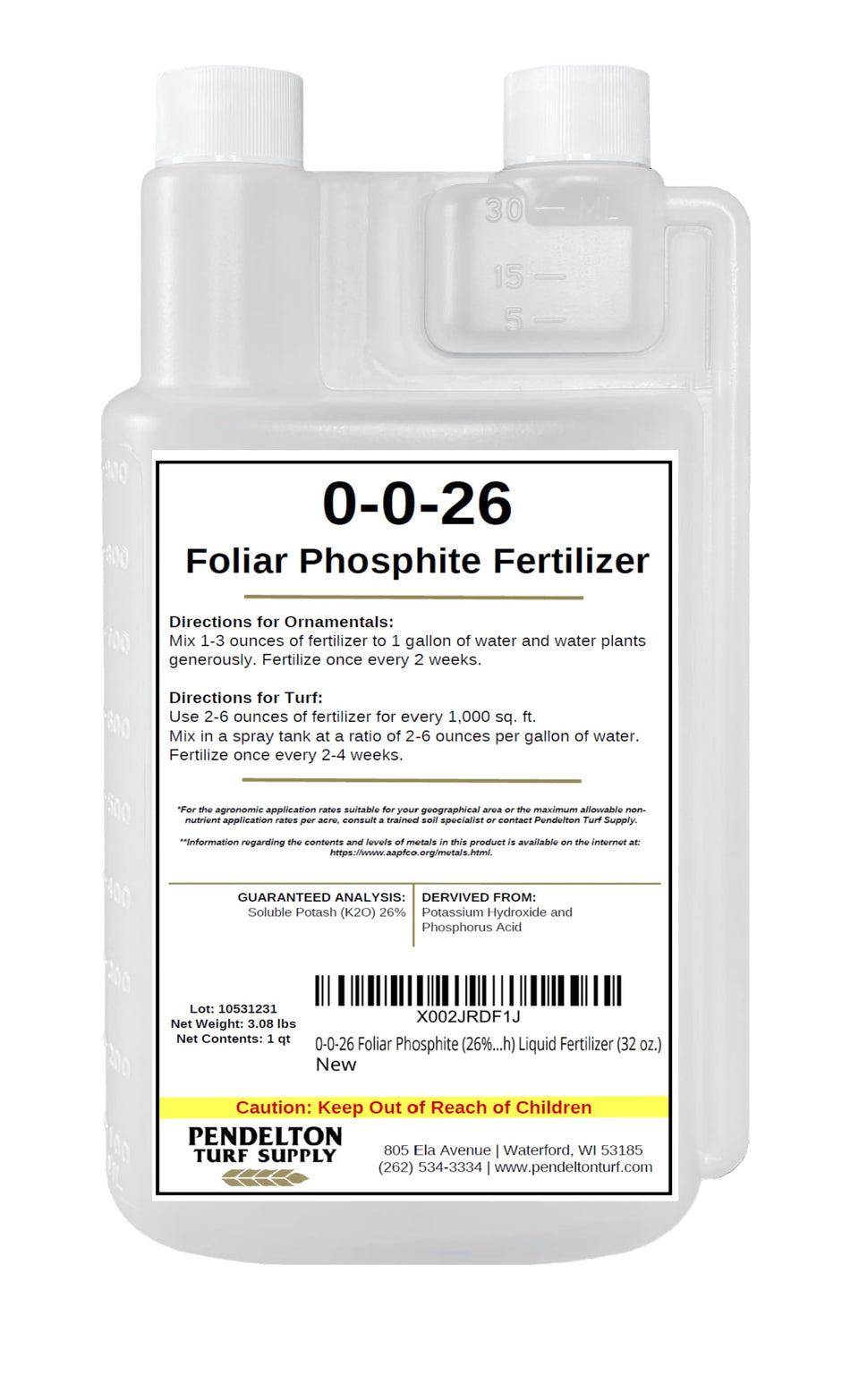 Pendelton Turf 0-0-26 foliar bottle pour for accurate dosage and easy application