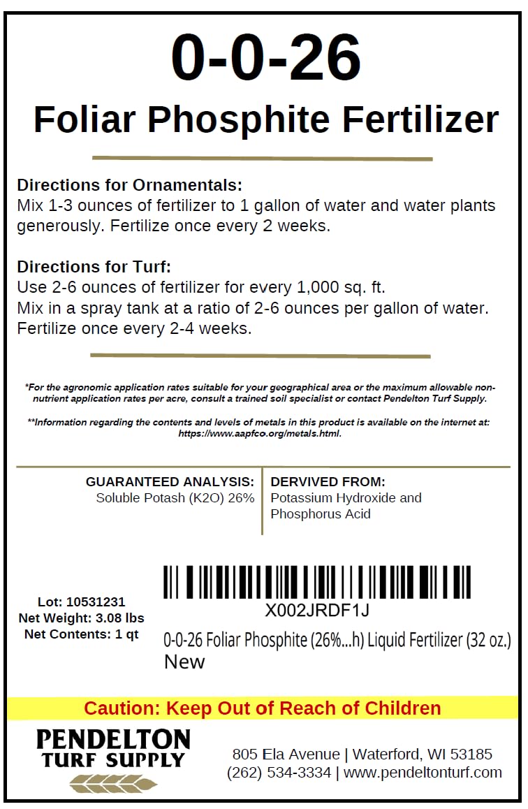 Pendelton Turf 0-0-26 foliar label closeup showing ingredients and usage