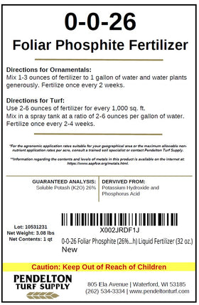 Pendelton Turf 0-0-26 foliar label closeup showing ingredients and usage