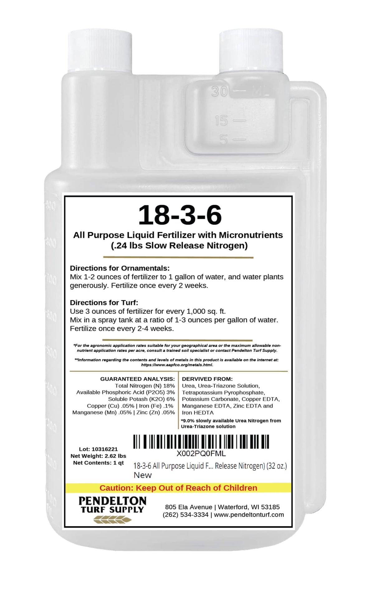 Pendelton 18-3-6 all-purpose fertilizer bottle with easy measurements for indoor and outdoor use.