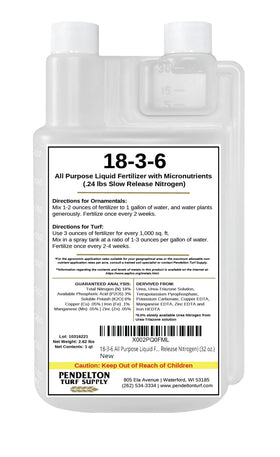 Pendelton 18-3-6 all-purpose fertilizer bottle with easy measurements for indoor and outdoor use.