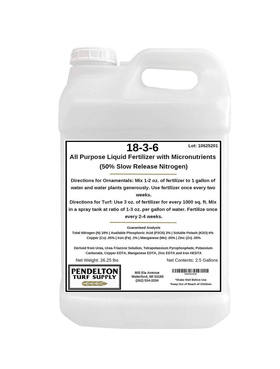 Pendelton 18-3-6 liquid fertilizer bottle pour supports long feeding for lawns and ornamentals.