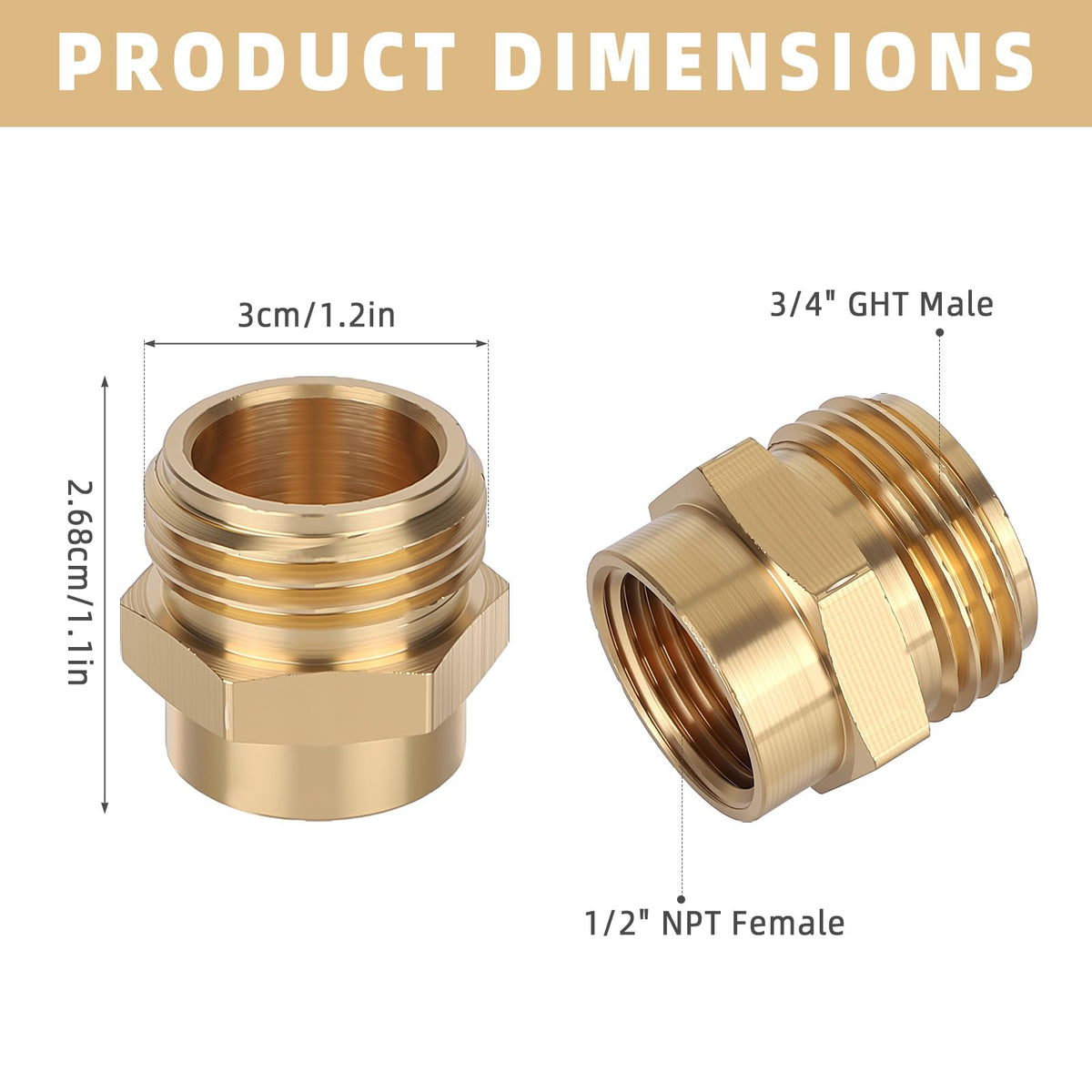 Penitue brass adapter thread detail highlights precise NPT to GHT conversion.