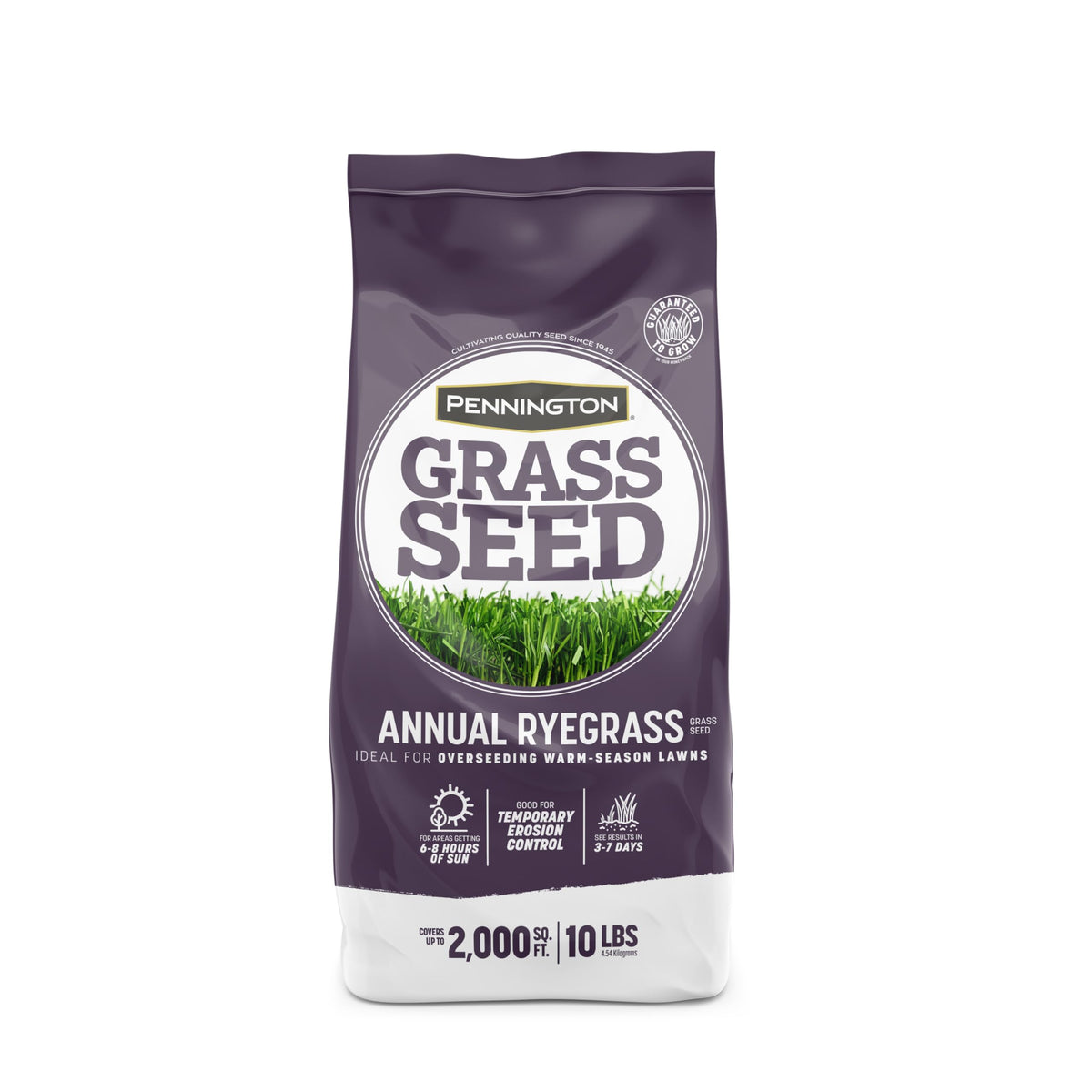 Pennington Annual Ryegrass seed bag demonstrates fast establishment for temporary lawn color.