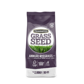 Pennington Annual Ryegrass seed bag demonstrates fast establishment for temporary lawn color.