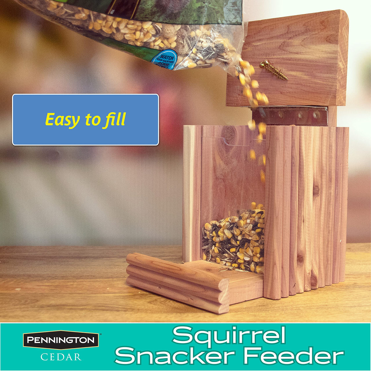 Pennington Cedar Squirrel Snacker Feeder mounted and hanging outdoors