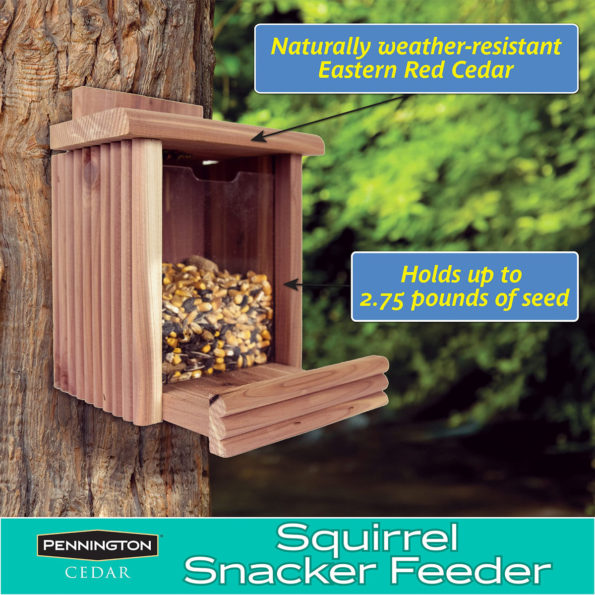 Pennington Cedar Squirrel Snacker Feeder side view ready for hanging