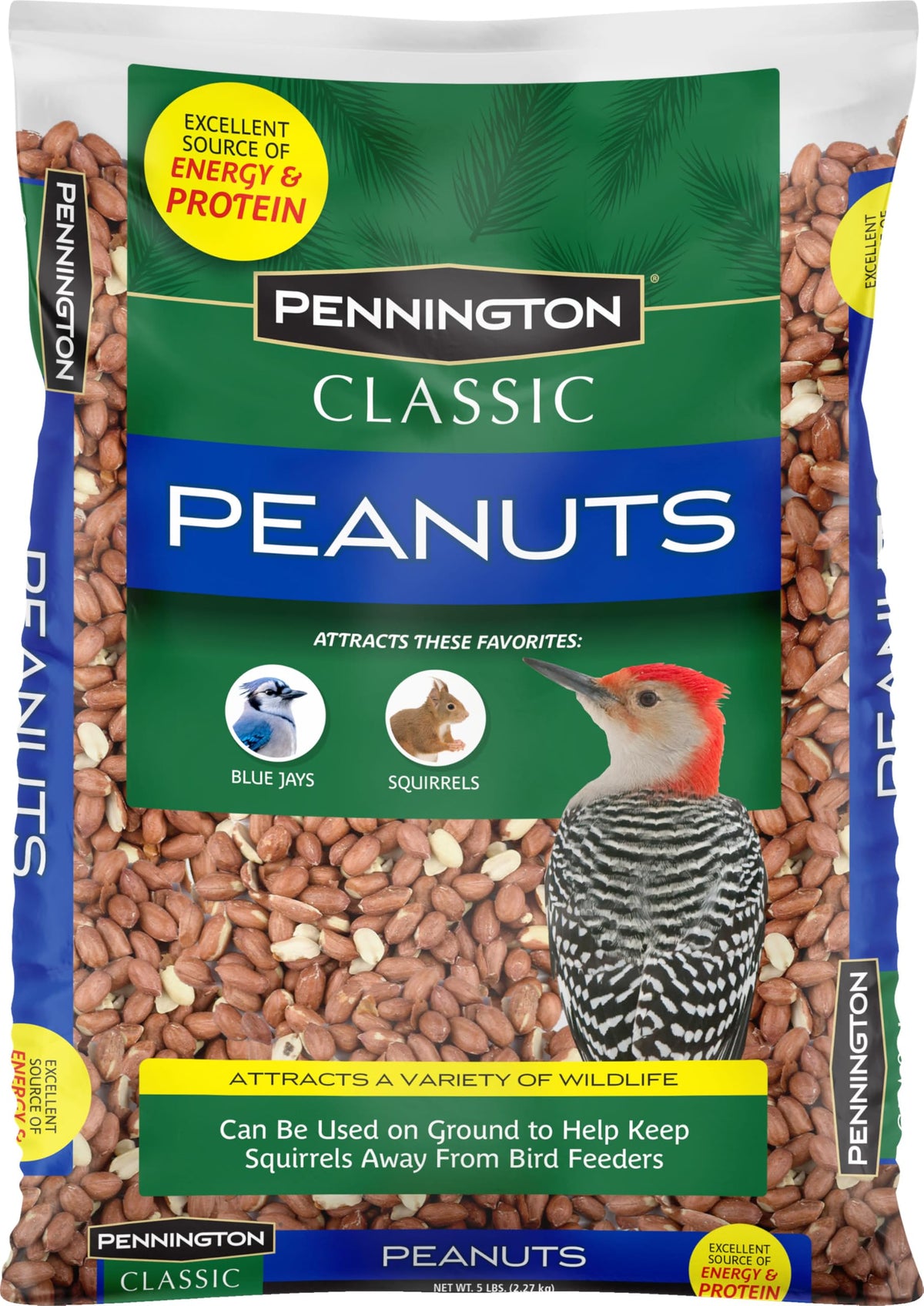Pennington Classic Shelled Peanuts packaging highlighting energy-rich bird food.