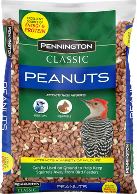 Pennington Classic Shelled Peanuts packaging highlighting energy-rich bird food.