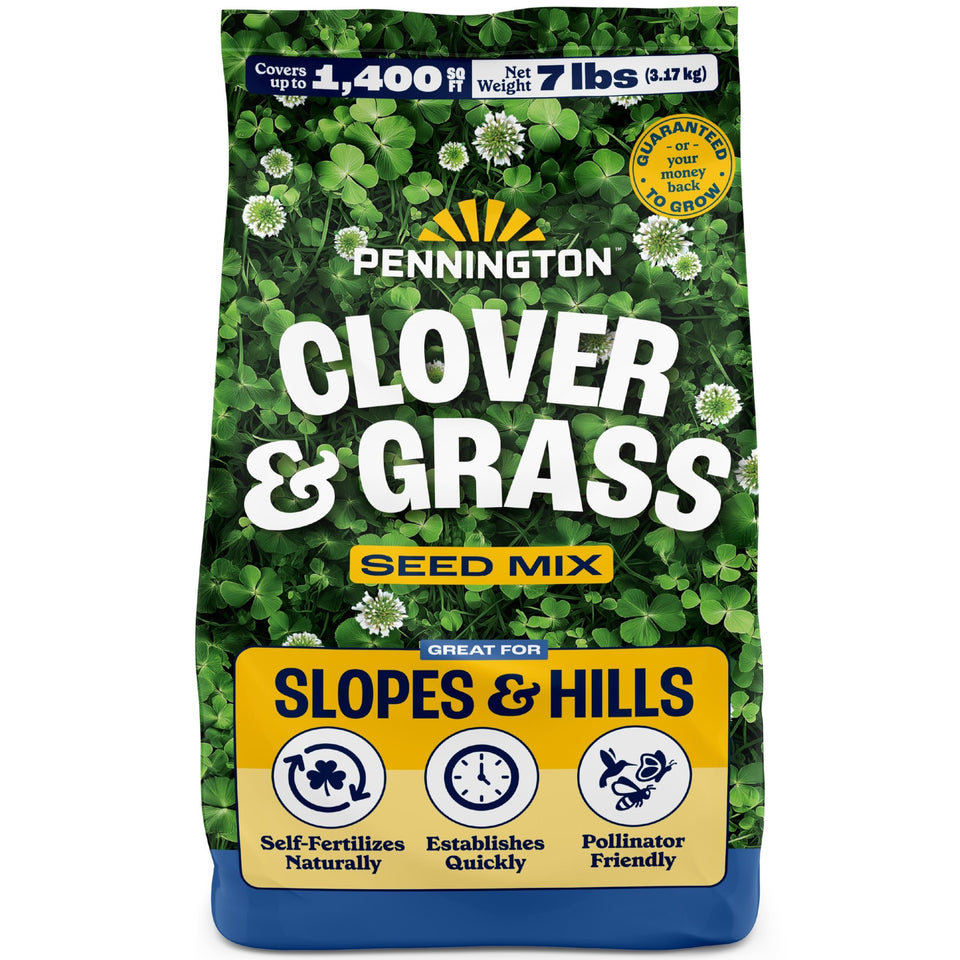 Pennington Clover & Grass Mix seed bag for easy, self-fertilizing lawn establishment.