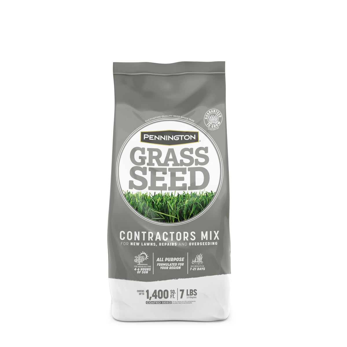 Pennington Contractors Grass Seed Mix Central 7 lb bag front; ideal for establishing new lawns.
