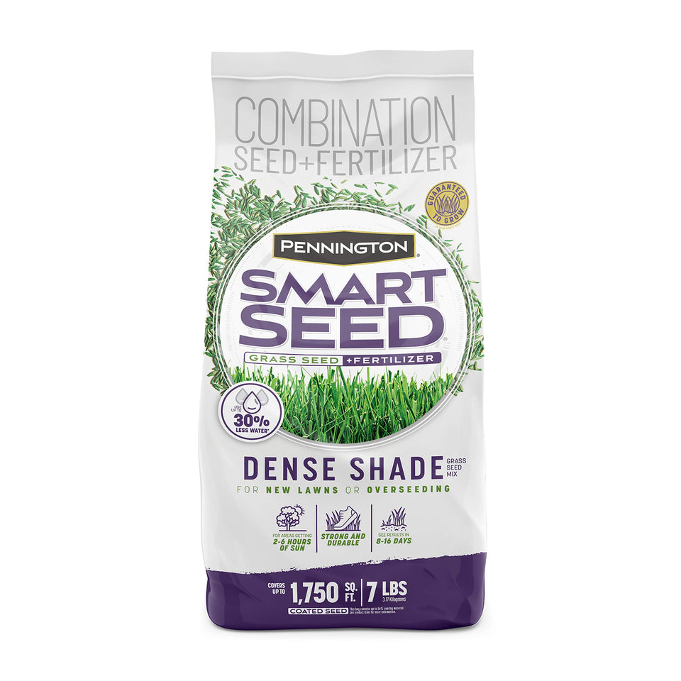 Pennington Dense Shade seed bag shows shade-tolerant mix for greener lawns.
