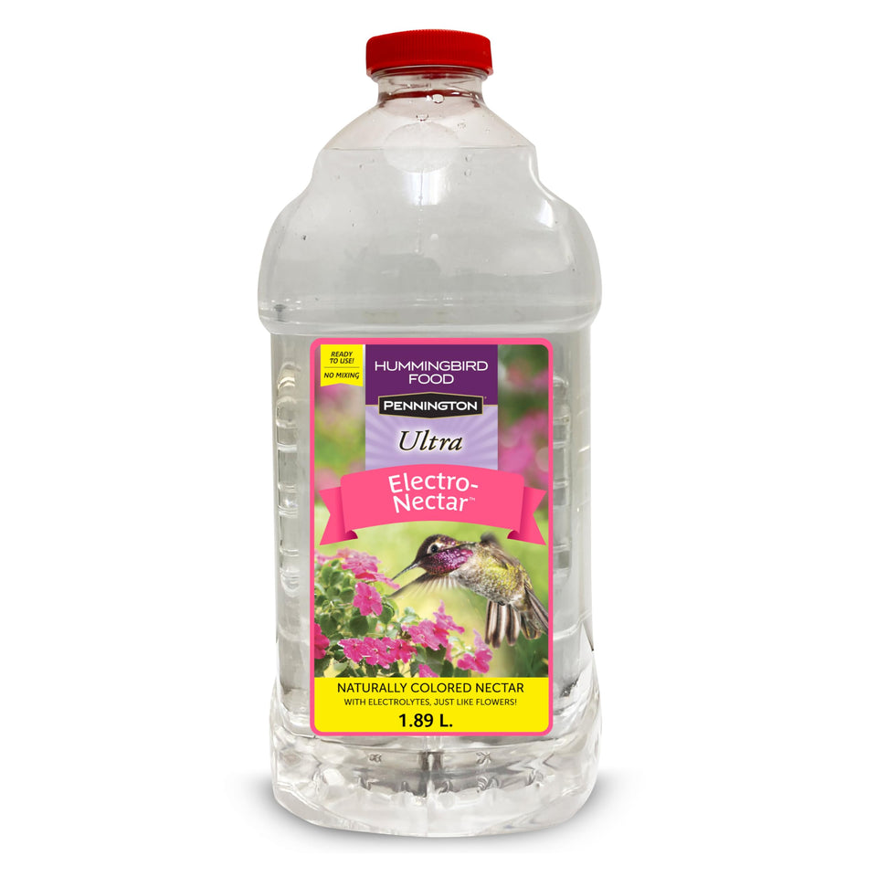 Pennington Electro-Nectar bottle 64oz enables ready-to-use nectar for convenient backyard hummingbird feeding.