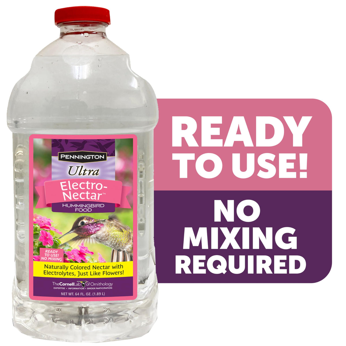 Pouring Pennington Electro-Nectar into a feeder demonstrates easy shake-and-pour feeding.