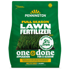 Pennington Full Season Lawn Fertilizer bag front view showing product presence and usability benefits