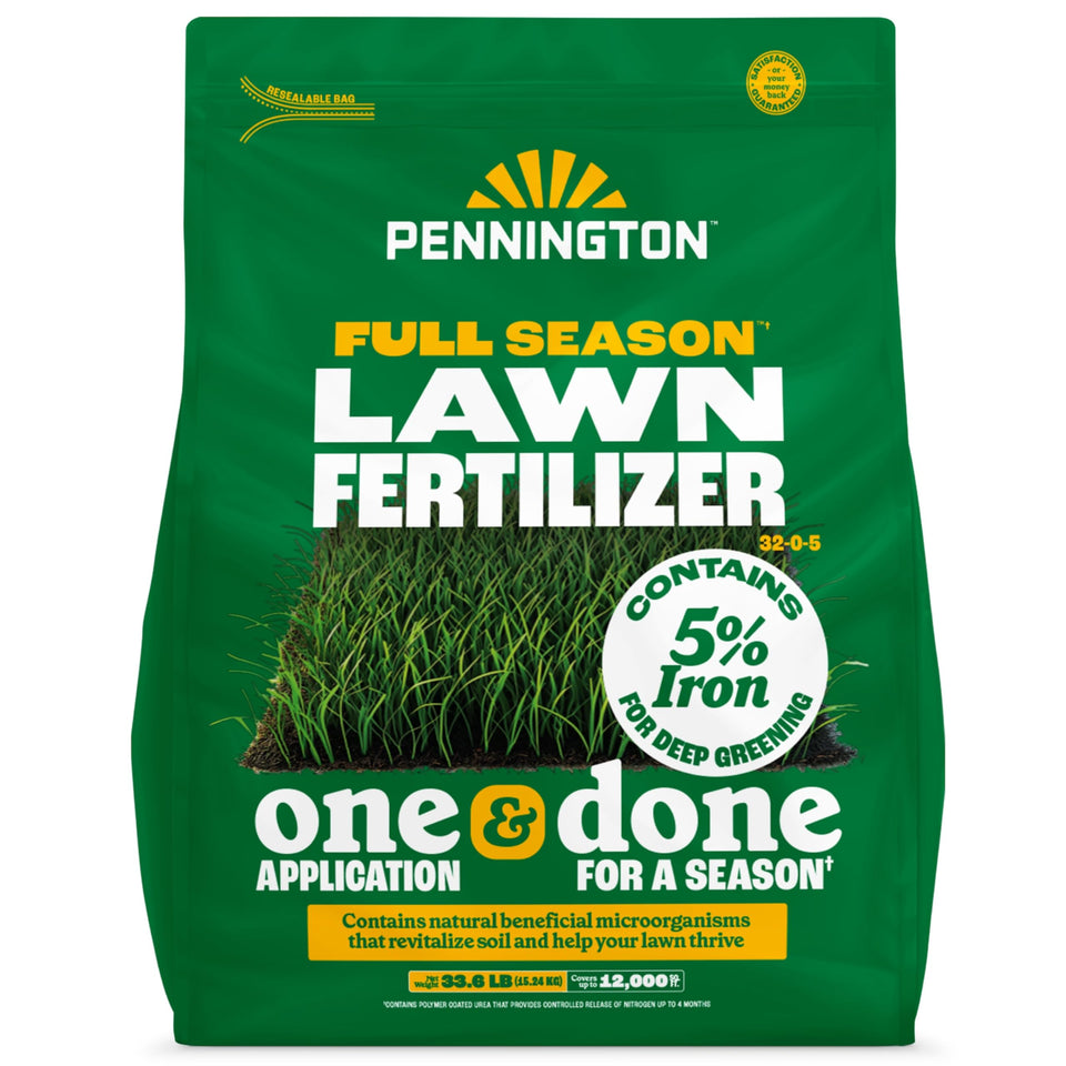 Pennington Full Season Lawn Fertilizer bag front view showing product presence and usability benefits