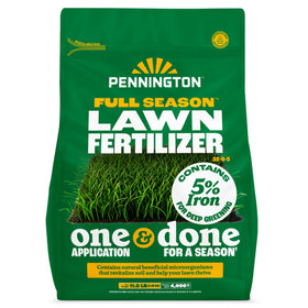 Pennington Full Season Fertilizer four-month release bag promotes lasting lawn color.