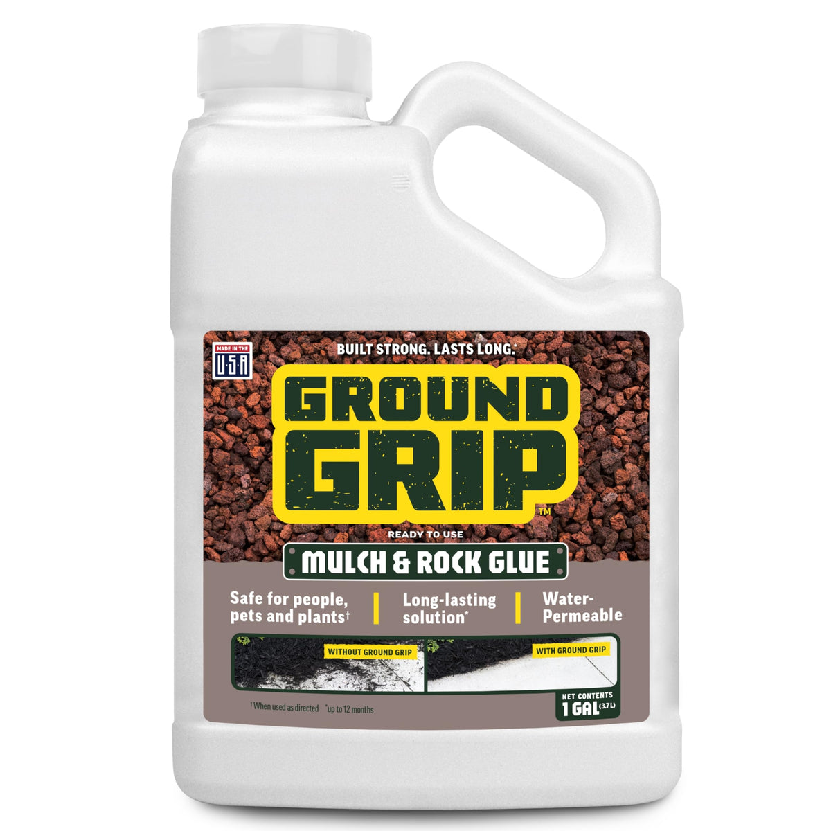 Pennington Ground Grip Mulch Glue bottle showing easy spray application for stable landscaping
