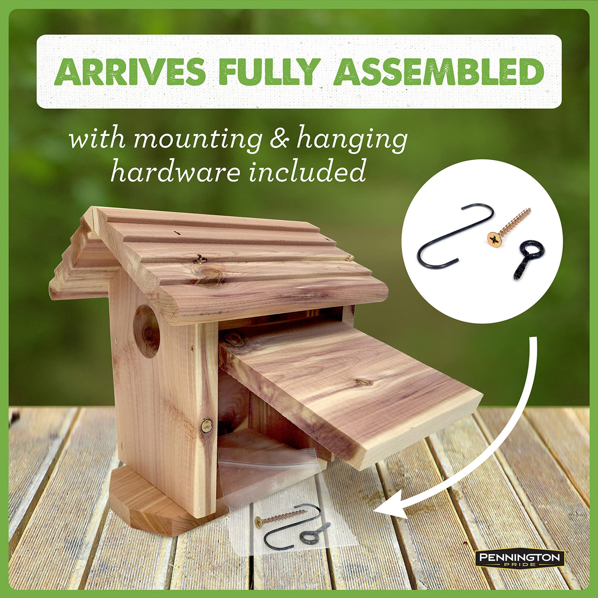 Pennington Pride Cedar Birdhouse mounted on a tree for natural placement.