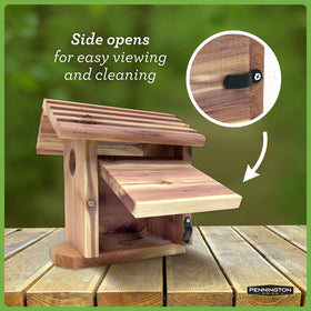 Pennington Pride Cedar Birdhouse side panel open for viewing and cleaning.