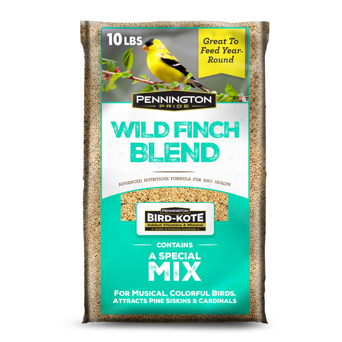 Pennington Pride Wild Finch Blend bag with seeds for year-round feeding.