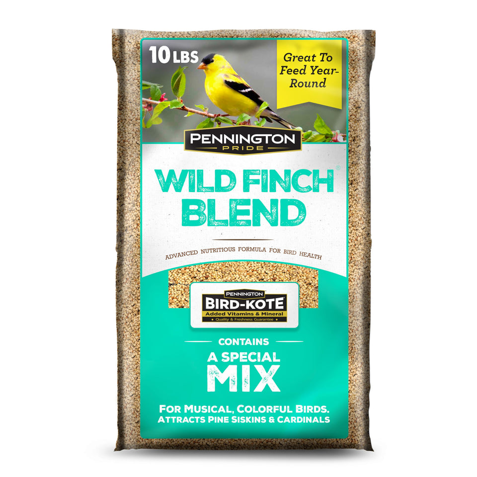 Pennington Pride Wild Finch Blend bag with seeds for year-round feeding.