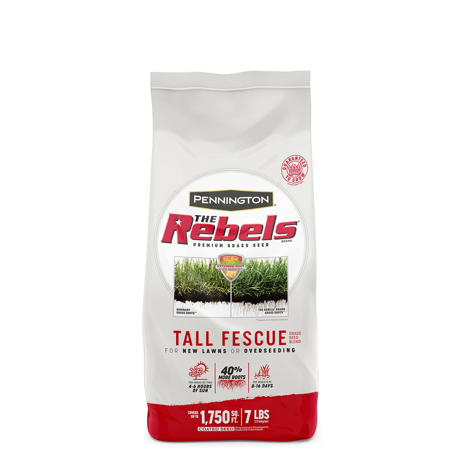 Pennington The Rebels tall fescue seed bag showing dense, drought-tolerant turf